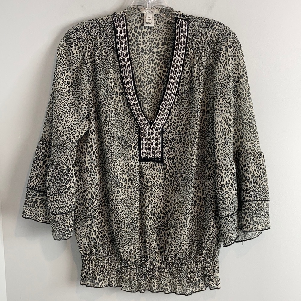 CACHE Sheer Leopard V-neck Bell Sleeve Blouse M